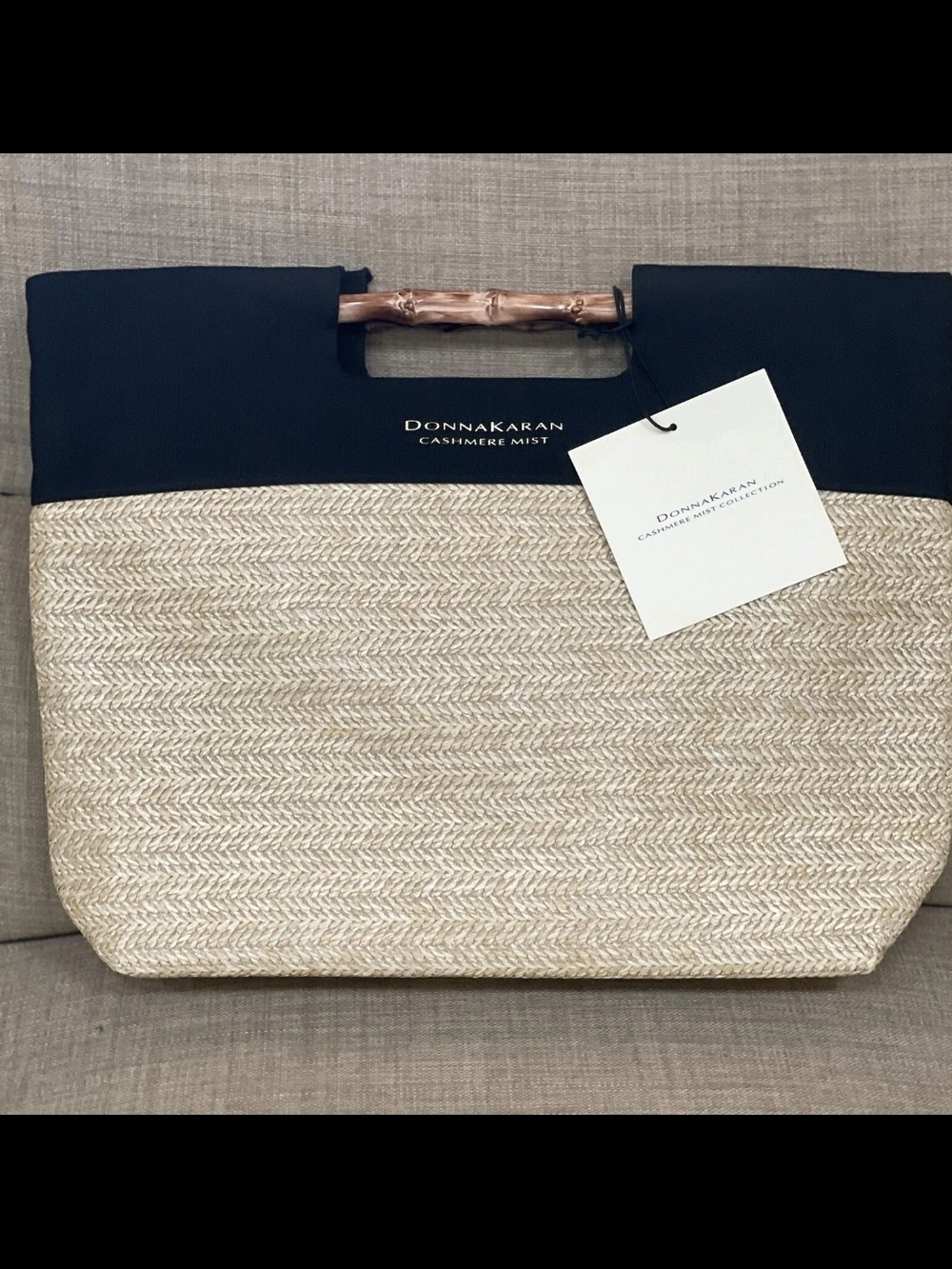 Donna Karan Black and Natural Woven Tote with Bamboo Handle